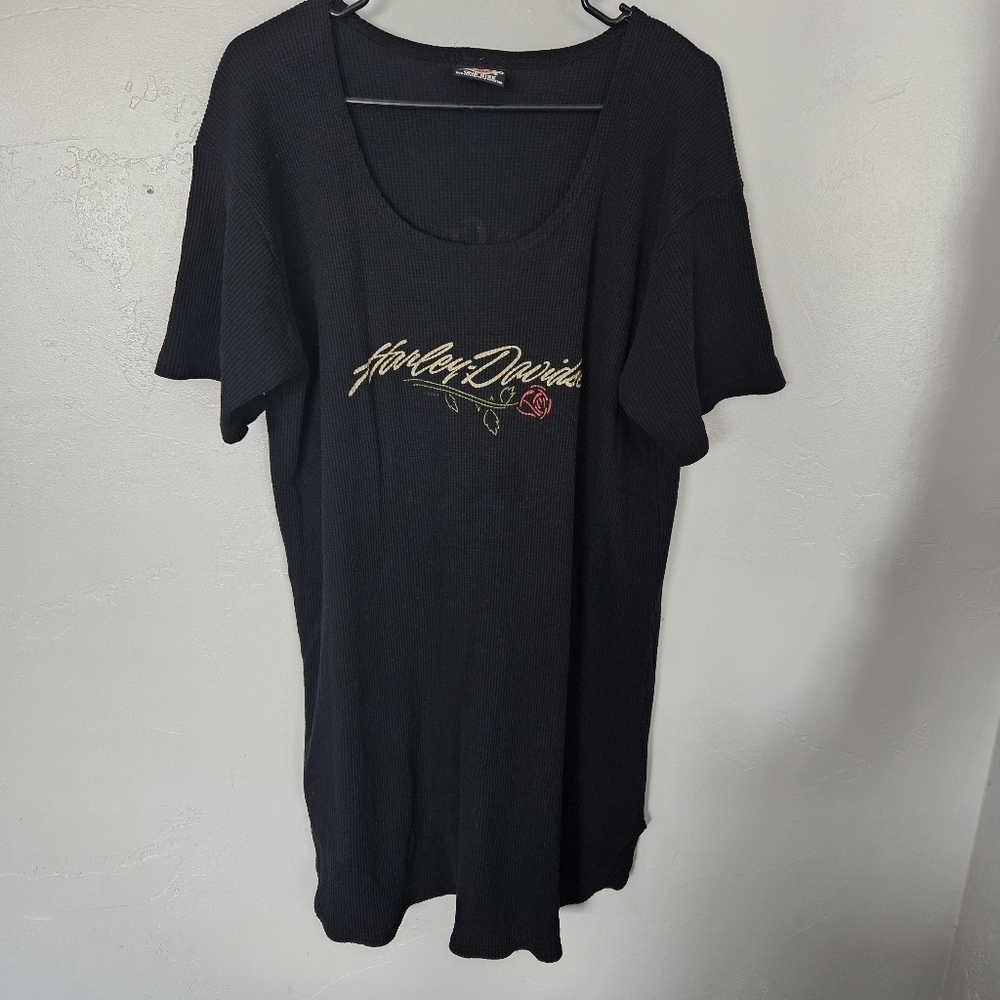 Harley Davidson Vintage Women's One Size Black T-Shirt Tunic Red Rose Graphic